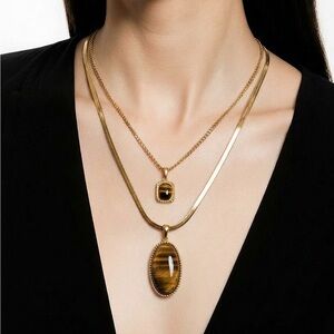 2 pieces Gold Necklace Set with Tiger's Eye Pendants